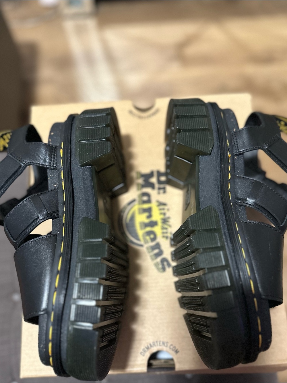Dr. Martens Women’s Black Leather Triple-Strap Sandals with Yellow Stitching - Picture 4 of 7